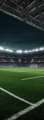 Obraz premium A Wide Perspective Spectacular sport Football stadium with glowing floodlights and empty green grass field and pitch. Football sports background for advertisement with copy space 