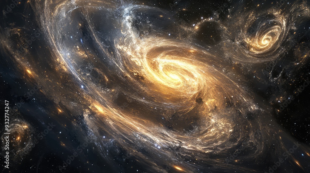 Poster conceptual art of the universe in transition, with swirling star clusters and dynamic celestial flux