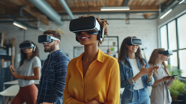 A diverse team of business professionals and young individuals using VR headsets in a modern office. Is this conversation helpful so far?