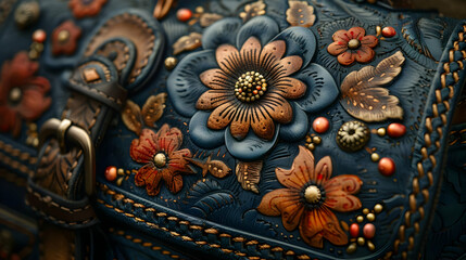 Blue Leather with Embroidered Flowers and Gold Accents Illustration