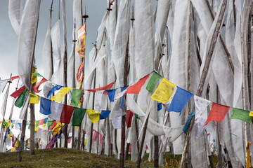 Asia, Bhutan, Chen La Pass, prayer flags. Prayer flags on Chen La Pass