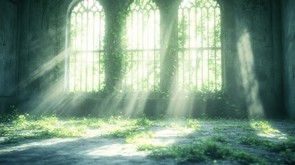 Nature's Embrace: Light and Vines Inside an Abandoned Church Sanctuary