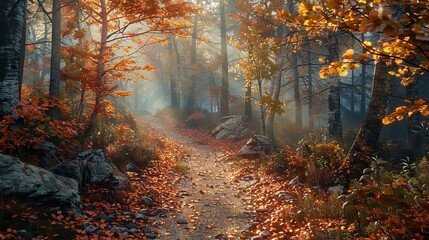Fototapeta premium The path leads through an autumn forest, lined with vibrant fall foliage and a carpet of fallen leaves.