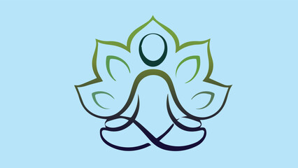 A minimalist line drawing depicts a figure in a lotus position with a stylized lotus flower behind them, symbolizing meditation and inner peace.