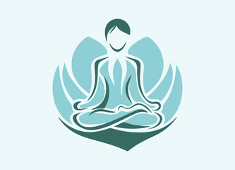 A minimalist line drawing depicts a figure in a lotus position with a stylized lotus flower behind them, symbolizing meditation and inner peace.