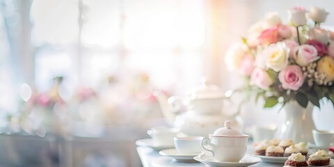 Blurred background of a bridal shower tea party with elegant settings.

