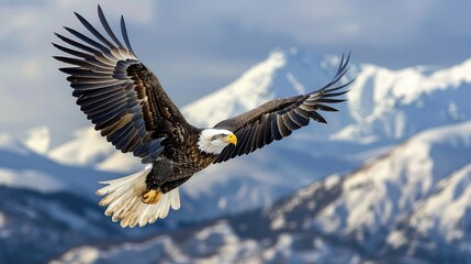 Obraz premium Majestic bald eagle soaring over snowy mountains
