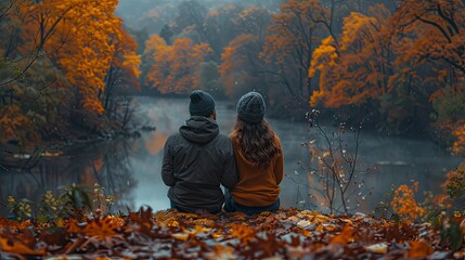 couple sits back to back leaning against each other together during cold spring autumn day