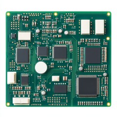 High-resolution closeup of a green electronic circuit board showcasing microchips, capacitors, and other components for technology use.