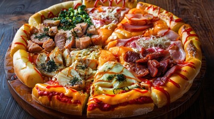 This round bread features an assortment of delicious baked pizzas with various toppings, ideal for gatherings or casual meals