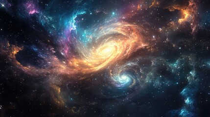 Fototapeta premium Conceptual art of the universe in transition, with swirling star clusters and dynamic celestial flux creating a sense of cosmic movement.