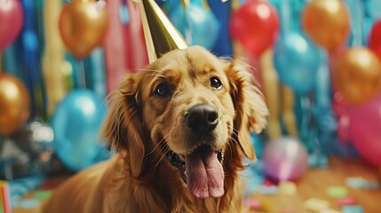 Dog celebrating with party hat. 