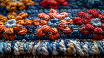 Close-Up Macro Photography of Colorful Woven Fabric with Red and Orange Flowers