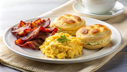 A delicious and hearty breakfast plate featuring scrambled eggs, crispy bacon, and fluffy biscuits on a white plate