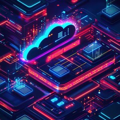 Isometric big data flow processing concept, cloud database. Abstract technology background.