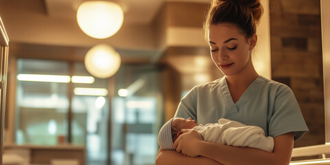 Nurse Gently Holding Newborn in Hospital Nursery during Night Shift
