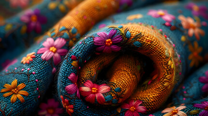 Obraz premium Close-Up of Floral Embroidered Fabric, Teal and Orange, Illustration