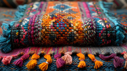 Close-up of Multicolored Woven Rug with Tassels