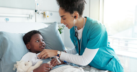 Patient, doctor and girl with checkup, kid and healthcare with wellness, talking and service. Medical, professional and child in hospital bed, appointment and recovery with healing or treatment - Powered by Adobe