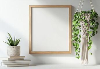 Hanging frame mockup in boho style room for artwork or inspirational quote