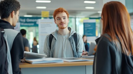 Redhead student talking to friend in college.