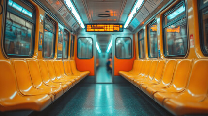 Fototapeta premium A subway train with designated spaces for wheelchairs and priority seating for people with disabilities.