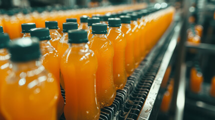 Bottles of orange juice on a conveyor belt