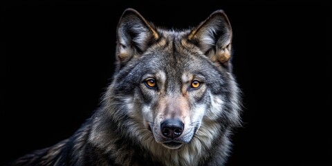 Obraz premium Scary dark gray wolf making direct eye contact in the dark on a black background