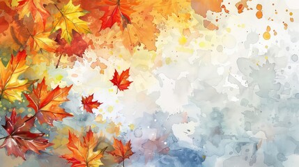 A watercolor painting featuring orange and yellow leaves on a white background with gray and yellow watercolors splattered across the surface.