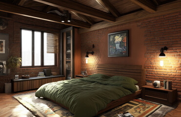 Hotel room interior design with wooden floor, bricks walls and windows. Created with Ai