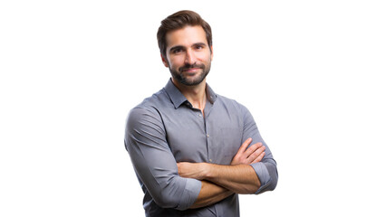 Smiling man with arms crossed, casual and confident stance