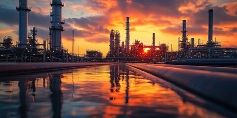 Fototapeta premium Oil refinery with reflective pipelines at sunset. Oil refinery at sunset with pipelines reflecting the vibrant colors of the sky, highlighting the scale and complexity of the infrastructure.