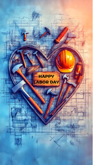 Obraz premium Tools arranged in a heart shape on a textured blue background with construction helmets and various equipment for a creative construction theme