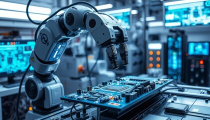 Fototapeta premium Robotic Arm Assembling Circuit Board in High-Tech Lab