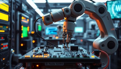 Fototapeta premium Robotic Arm Assembling Circuit Board in High-Tech Lab