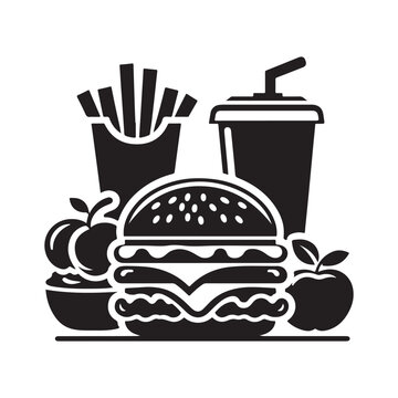 recommend clip art: Fast foods icon, logo, silhouette, burger, fries, drinks, Symbols and signs of street food, Black Fast Food Icons