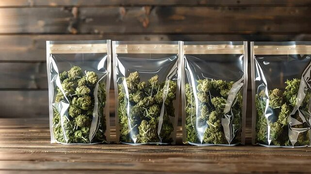 Four sealed bags of cannabis on a wooden table. High-quality marijuana buds for medicinal 