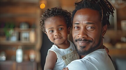 father holding son in arms standing in bathroom morning routine for young boy before going to preschool