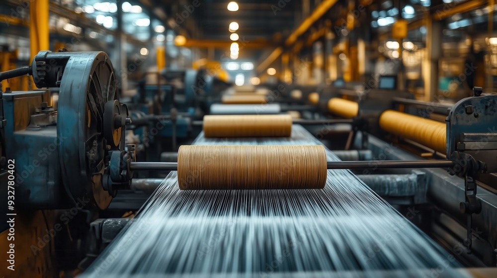 Poster close-up of weaving machine in textile factory. close-up view of a weaving machine in a textile fact