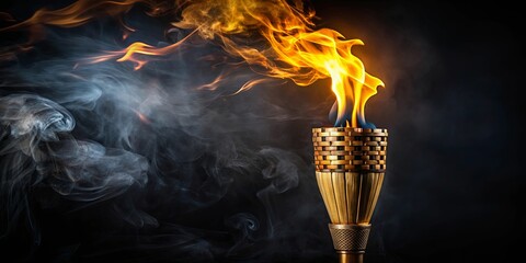 A mystical golden flame burning on an old wooden tiki torch against a black background
