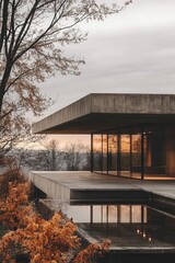 Obraz premium Modern Minimalist House with Large Glass Windows and Reflective Pool in Autumn Setting
