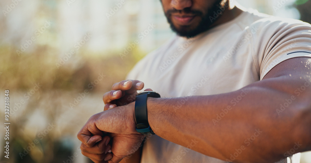 Sticker Fitness, smart watch and hands check pulse during training, exercise or workout progress on app. Heart rate, time or man outdoor for health info, performance results or monitor wellness stats closeup