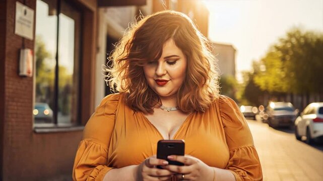 Portrait of beautiful plus size woman using her smartphone