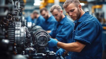 Assembly line workers in precision manufacturing. Group of focused factory workers assembling machinery components with precision on an assembly line in an industrial factory.