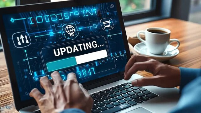 Person operating laptop with updating system progress on screen, technology and software development concept.