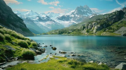 Fototapeta premium A serene mountain lake nestled in a valley, surrounded by snow-capped peaks and lush greenery.