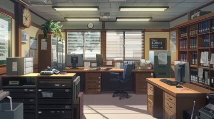 The office space displays desks with computers, filing cabinets, and is filled with natural light, creating a productive atmosphere