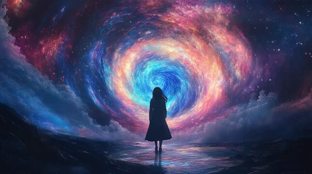  A girl standing outdoors, gazing up at a glowing swirl cloud in the sky. The ethereal, swirling light creates a magical and mesmerizSeamless looping 4k time-lapse virtual video animation Generated AI