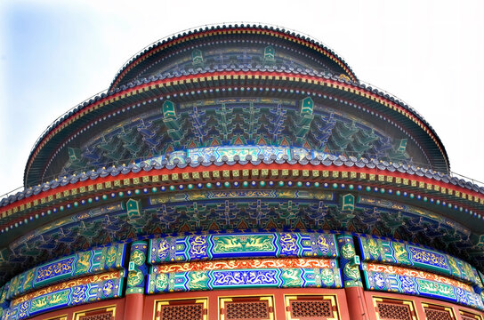 Colorful Prayer Hall, Temple of Heaven Looking Up, Beijing, China. Built in 1400's in Ming Dynasty. Where Emperor every year prayed to heaven for a good harvest
