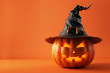 Halloween Jack-o-Lattern Pumpkin with hat, Carved spooky pumpkin jack o' lantern seasonal decorations on an orange background, Halloween banner, AI generated